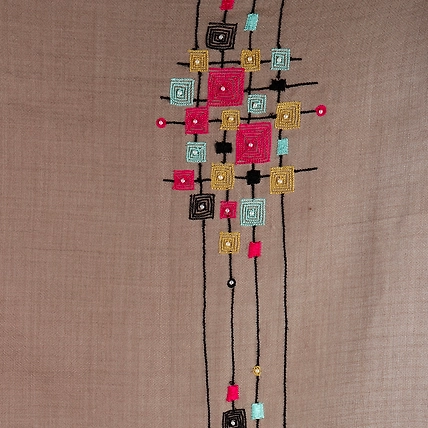 Tan Pure Pashmina Shawl with Geometric Hand Embroidered Design-5