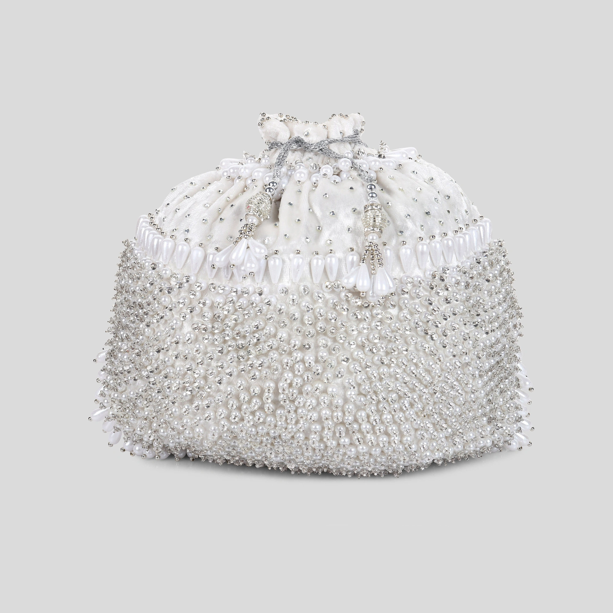 White Potli Bag Hand embroidered and Embellished with Swarovski Crystals &amp; Pearls-MOD-WH-PEARLS-SWAROVSKI-POTLI