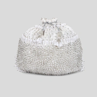 White Potli Bag Hand embroidered and Embellished with Swarovski Crystals & Pearls