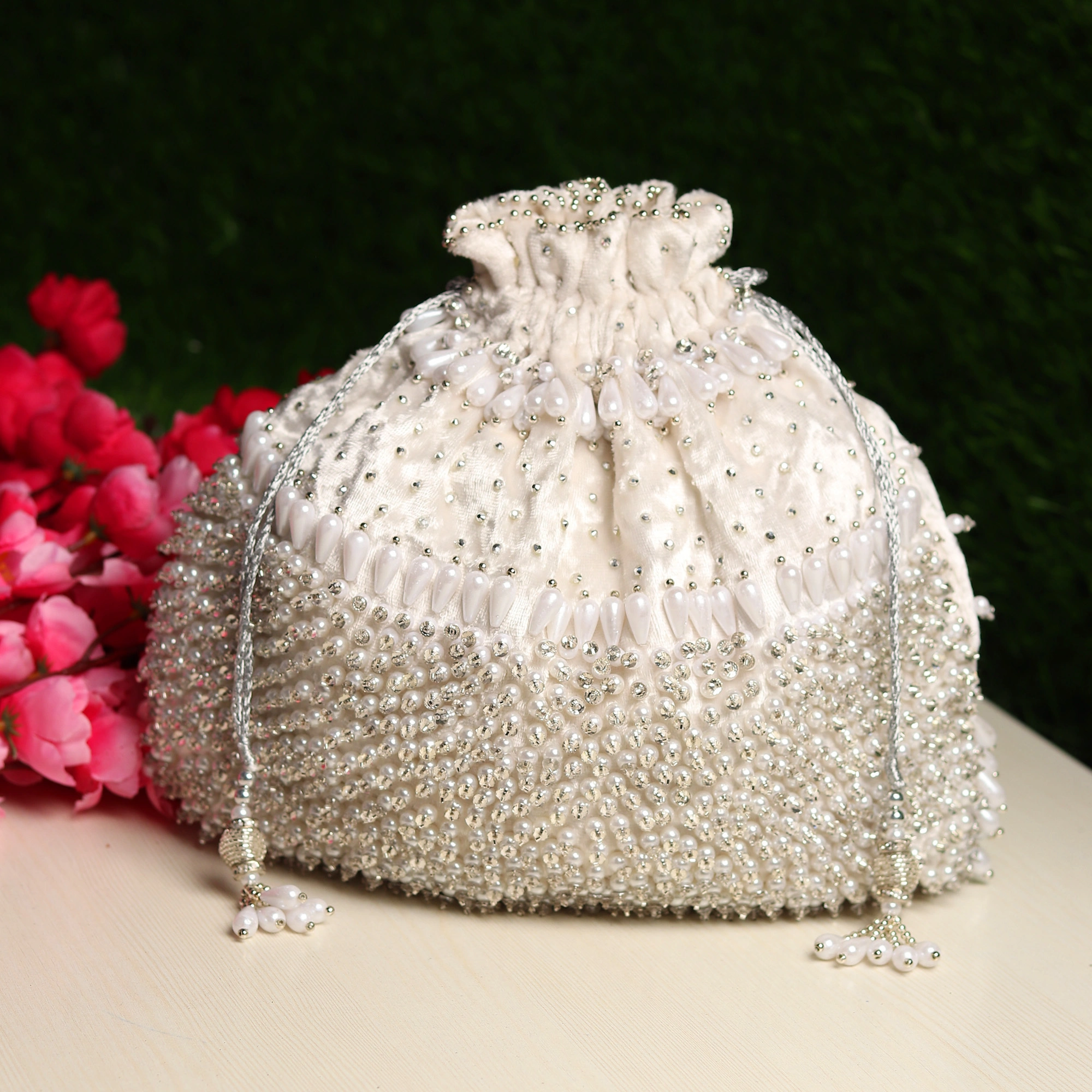 White Potli Bag Hand embroidered and Embellished with Swarovski Crystals &amp; Pearls-1