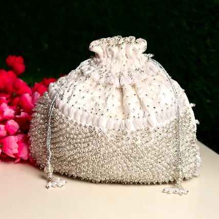 White Potli Bag Hand embroidered and Embellished with Swarovski Crystals &amp; Pearls-1
