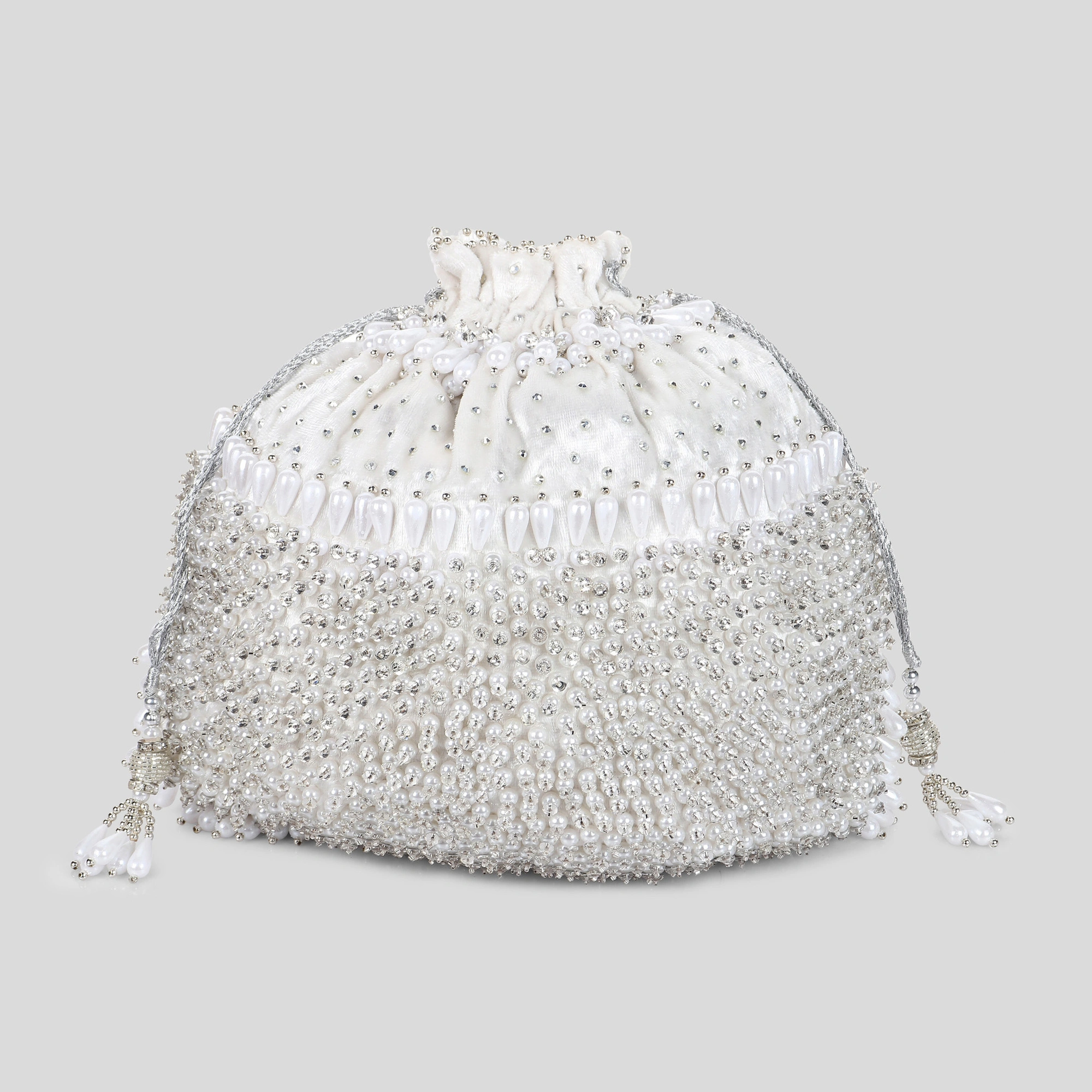 White Potli Bag Hand embroidered and Embellished with Swarovski Crystals &amp; Pearls-2