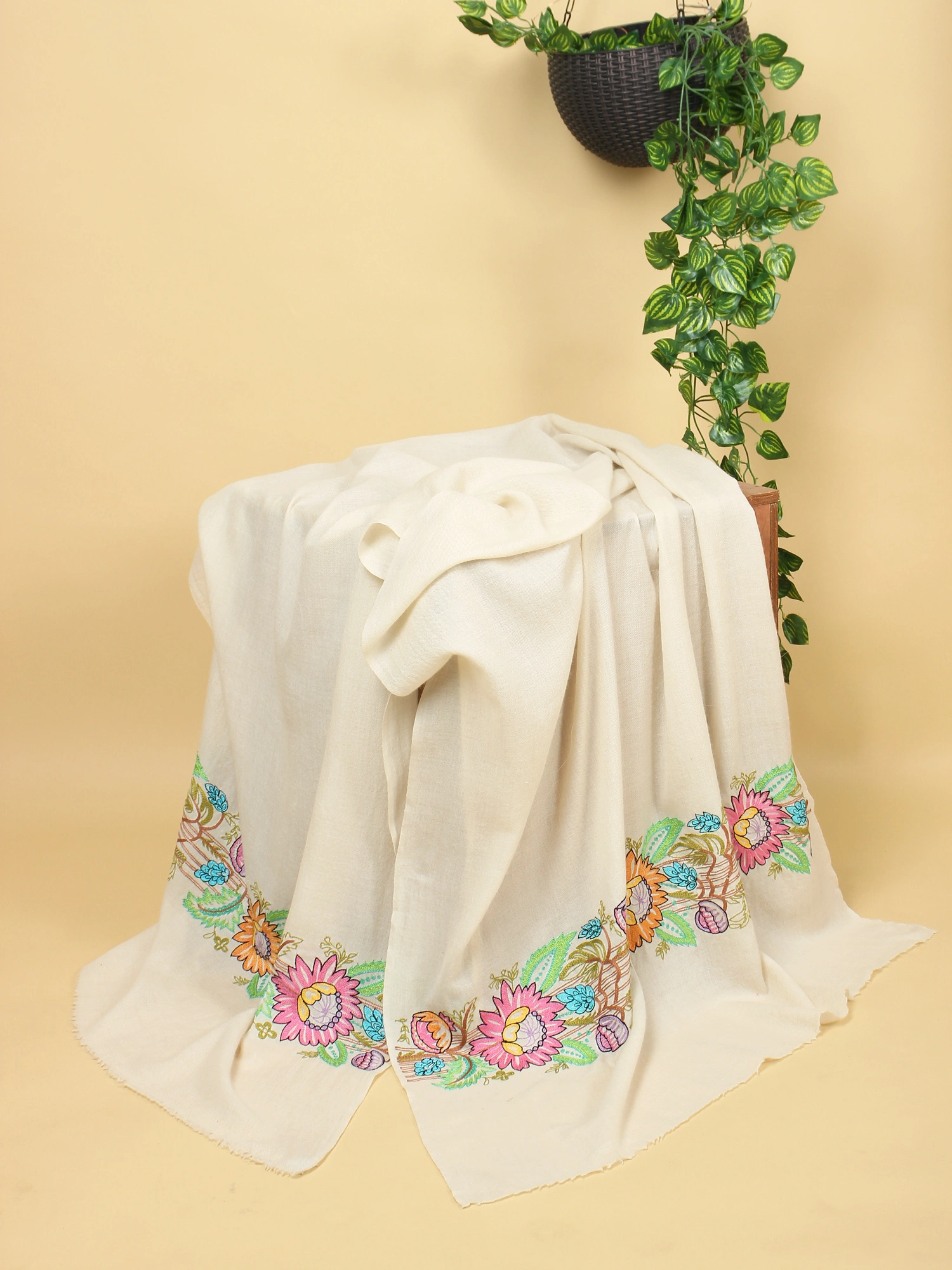 White Pure Pashmina Shawl with Floral Embroidery-MOD-WHITE-PP-FLORAL