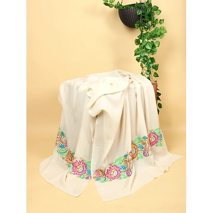 White Pure Pashmina Shawl with Floral Embroidery-MOD-WHITE-PP-FLORAL