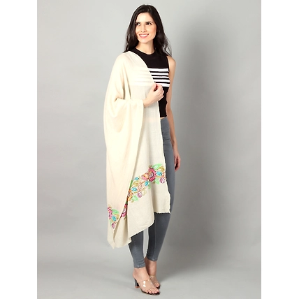 White Pure Pashmina Shawl with Floral Embroidery-1