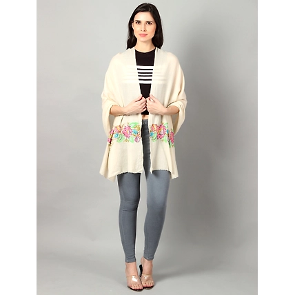 White Pure Pashmina Shawl with Floral Embroidery-2