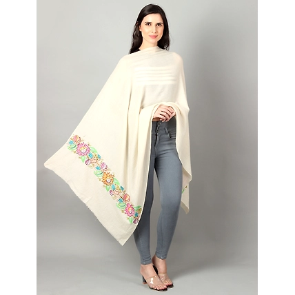 White Pure Pashmina Shawl with Floral Embroidery-3