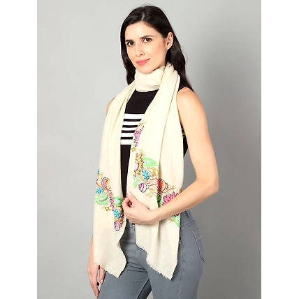 White Pure Pashmina Shawl with Floral Embroidery-4