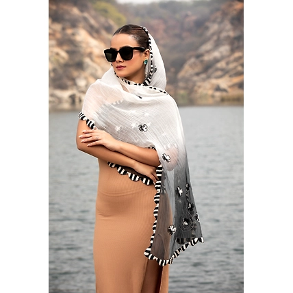 Eternal Floral Black Cotton Embroidered Stole: Lightweight Cotton Scarf-MOD-WK-SC-BL-EMBR