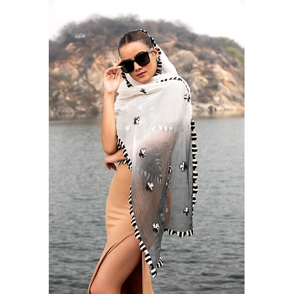 Eternal Floral Black Cotton Embroidered Stole: Lightweight Cotton Scarf-2