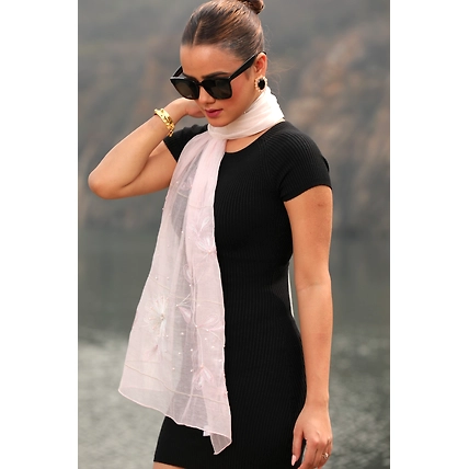 Light Pink Embroidered Cotton Scarf: Elegant Headscarf-4