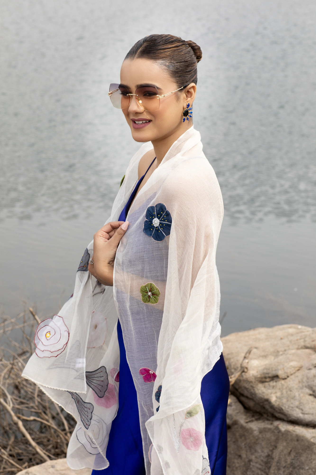 White Scarf Floral Embroidered Stole:  Elegant Cotton Scarf Accessory-MOD-WK-SC-WH-EMBR