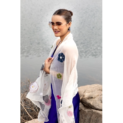 White Scarf Floral Embroidered Stole:  Elegant Cotton Scarf Accessory-MOD-WK-SC-WH-EMBR