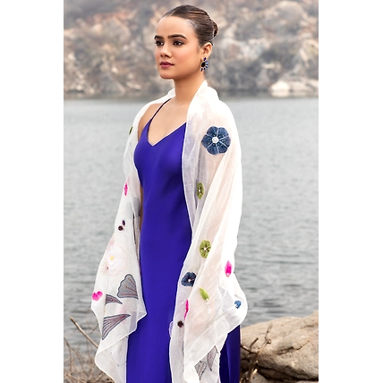 White Scarf Floral Embroidered Stole:  Elegant Cotton Scarf Accessory-1