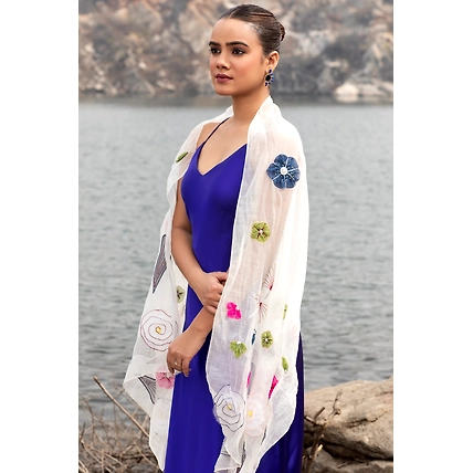 White Scarf Floral Embroidered Stole:  Elegant Cotton Scarf Accessory-2