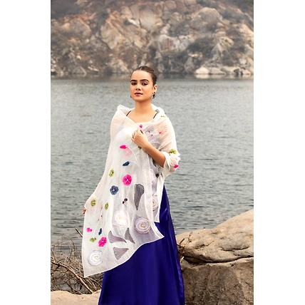 White Scarf Floral Embroidered Stole:  Elegant Cotton Scarf Accessory-4
