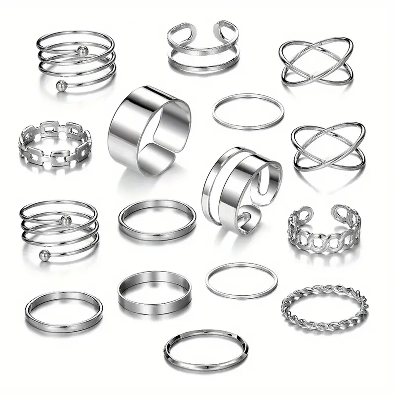 Silver Stackable Geometry Ring Set-12500938