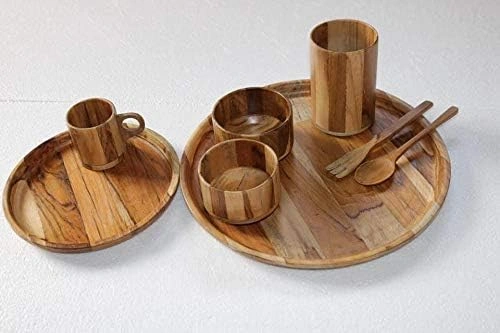 Hand Crafted Wood Dinner Set (2 Bowls, 1 Glass, 1 Mug, 2 Spoons, 2 Plates)-12504412