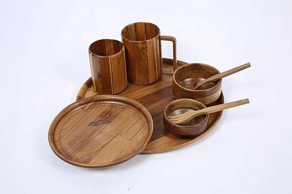 Hand Crafted Wood Dinner Set (2 Bowls, 1 Glass, 1 Mug, 2 Spoons, 2 Plates)-1