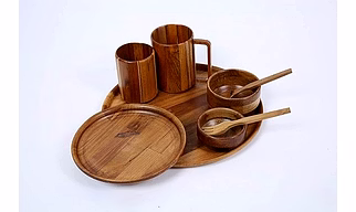 Hand Crafted Wood Dinner Set (2 Bowls, 1 Glass, 1 Mug, 2 Spoons, 2 Plates)