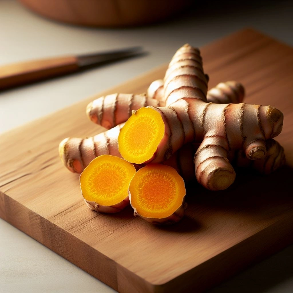 Close-up of turmeric powder in a wooden spoon