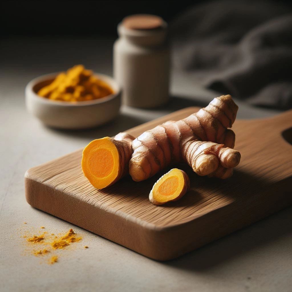 Close-up of turmeric powder in a wooden spoon