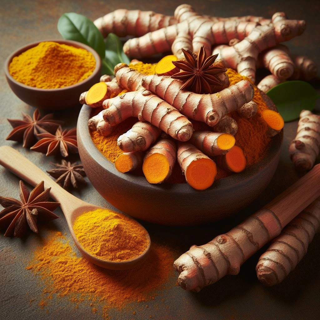 Close-up of turmeric powder in a wooden spoon