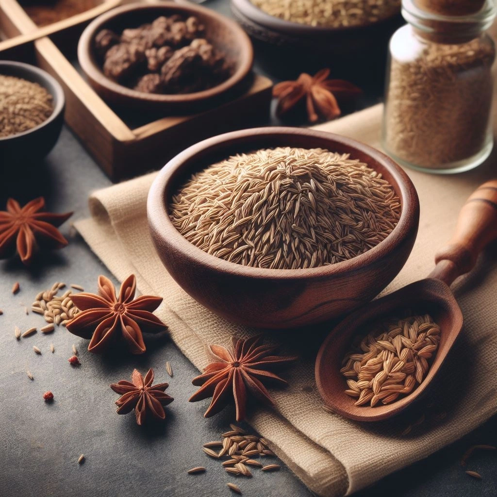 Heap of cumin seeds on a kitchen counter