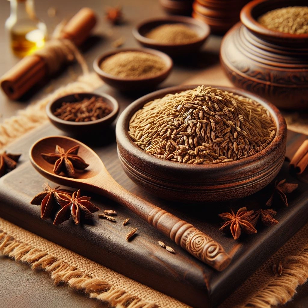 Heap of cumin seeds on a kitchen counter