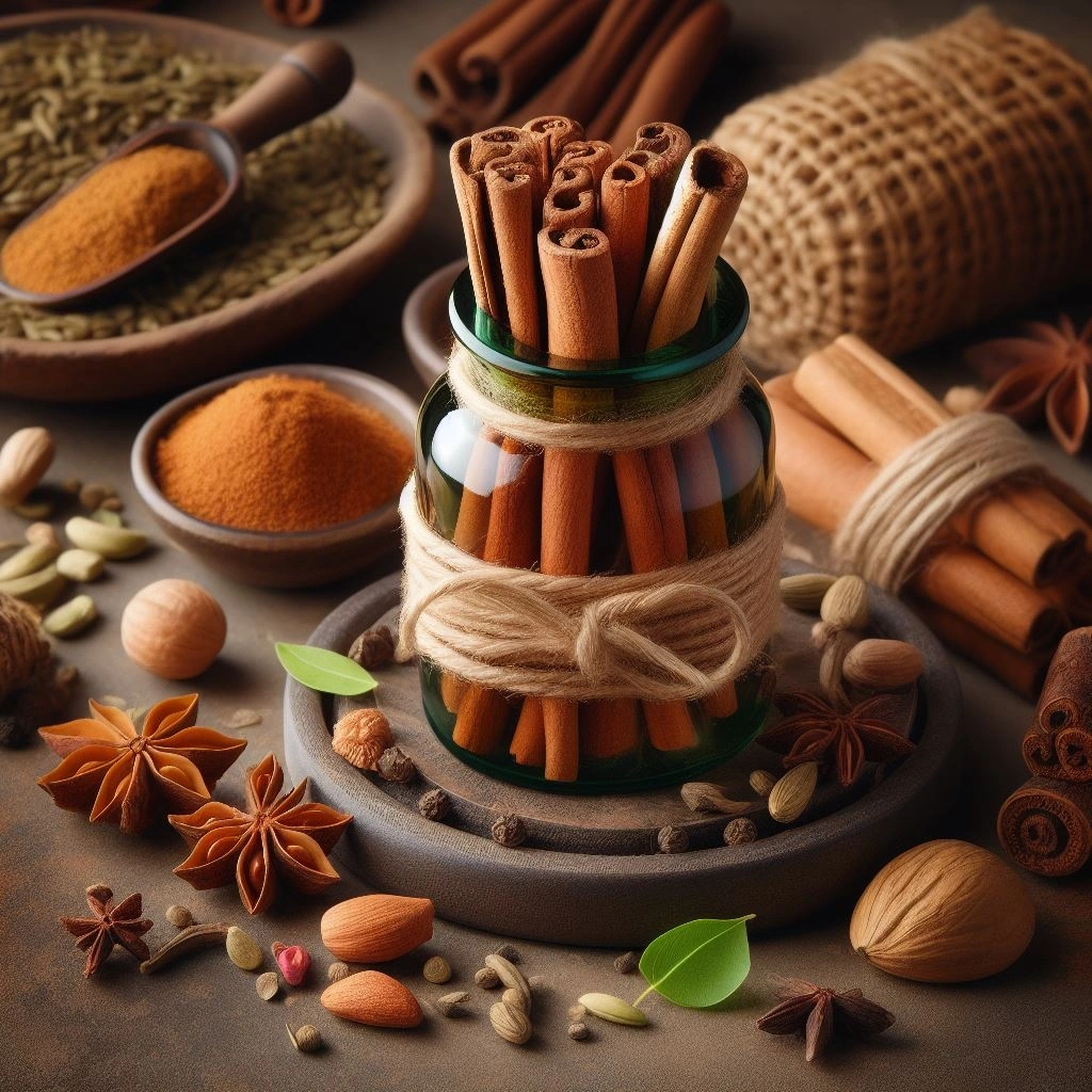 Cinnamon sticks arranged in a spice rack