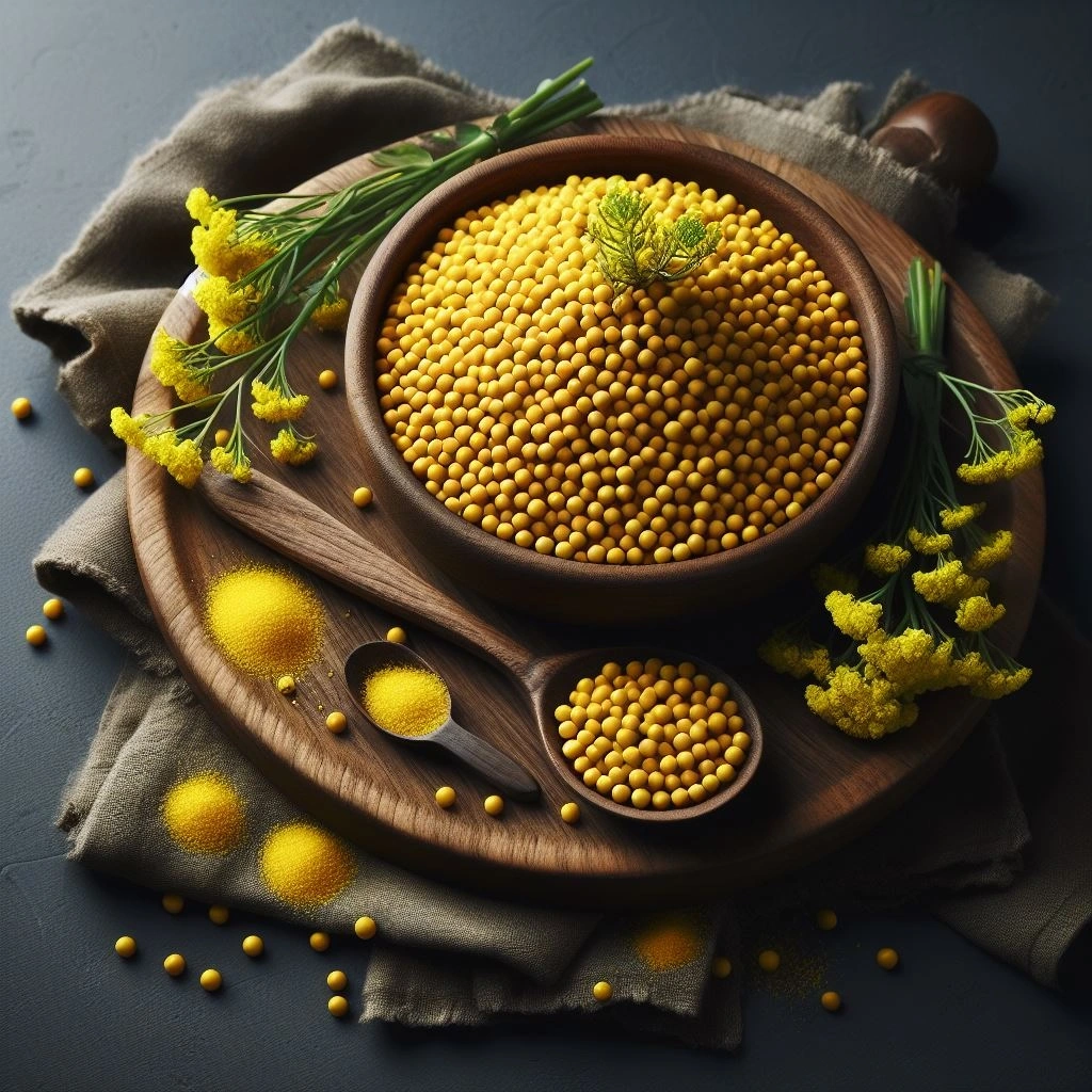 Yellow mustard seeds in a small bowl