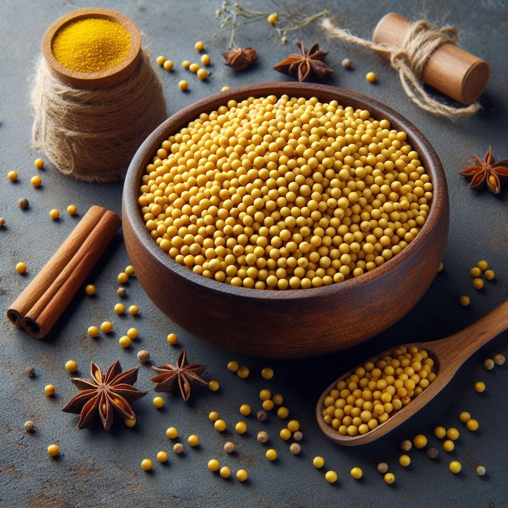 Yellow mustard seeds in a small bowl