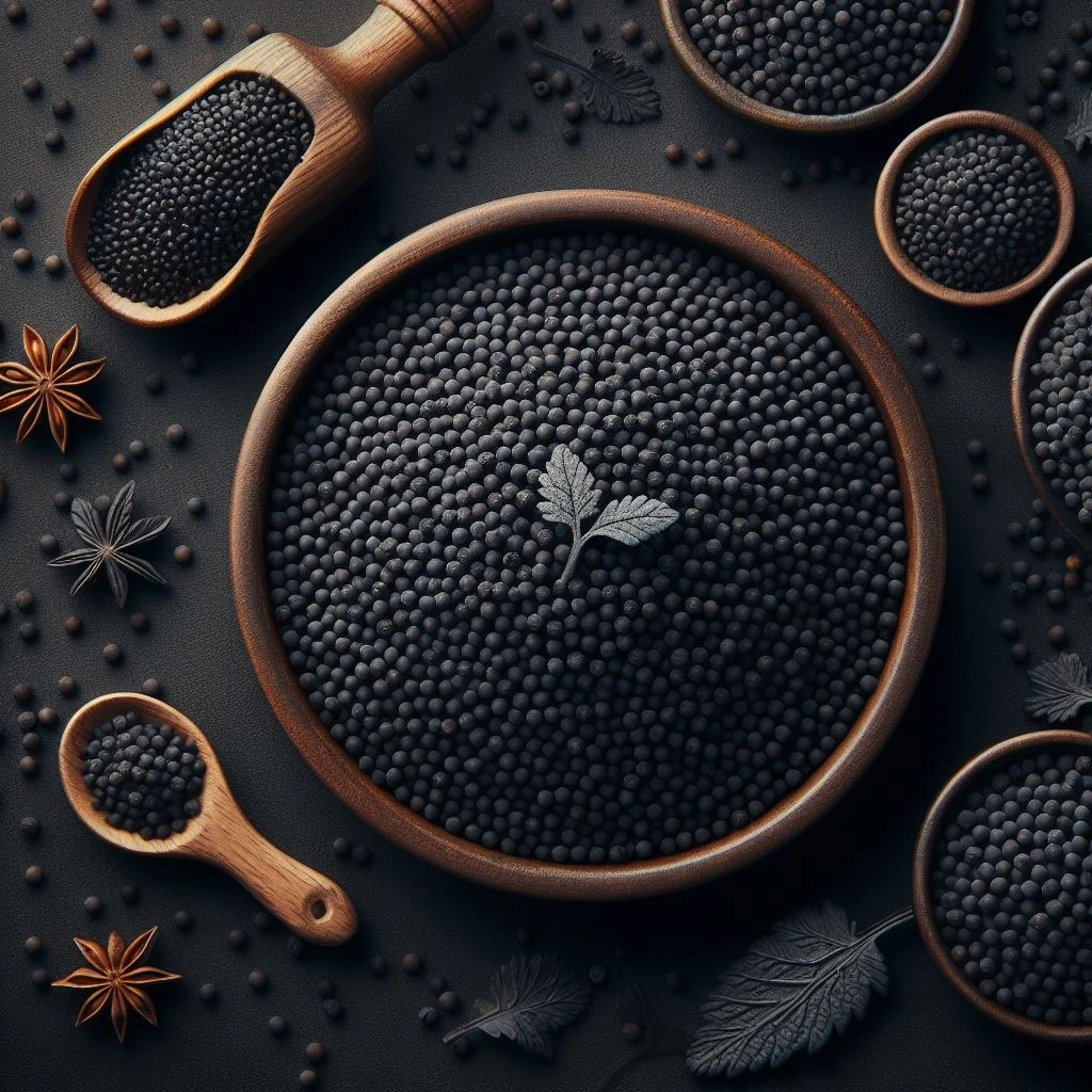 Black mustard seeds in a glass jar