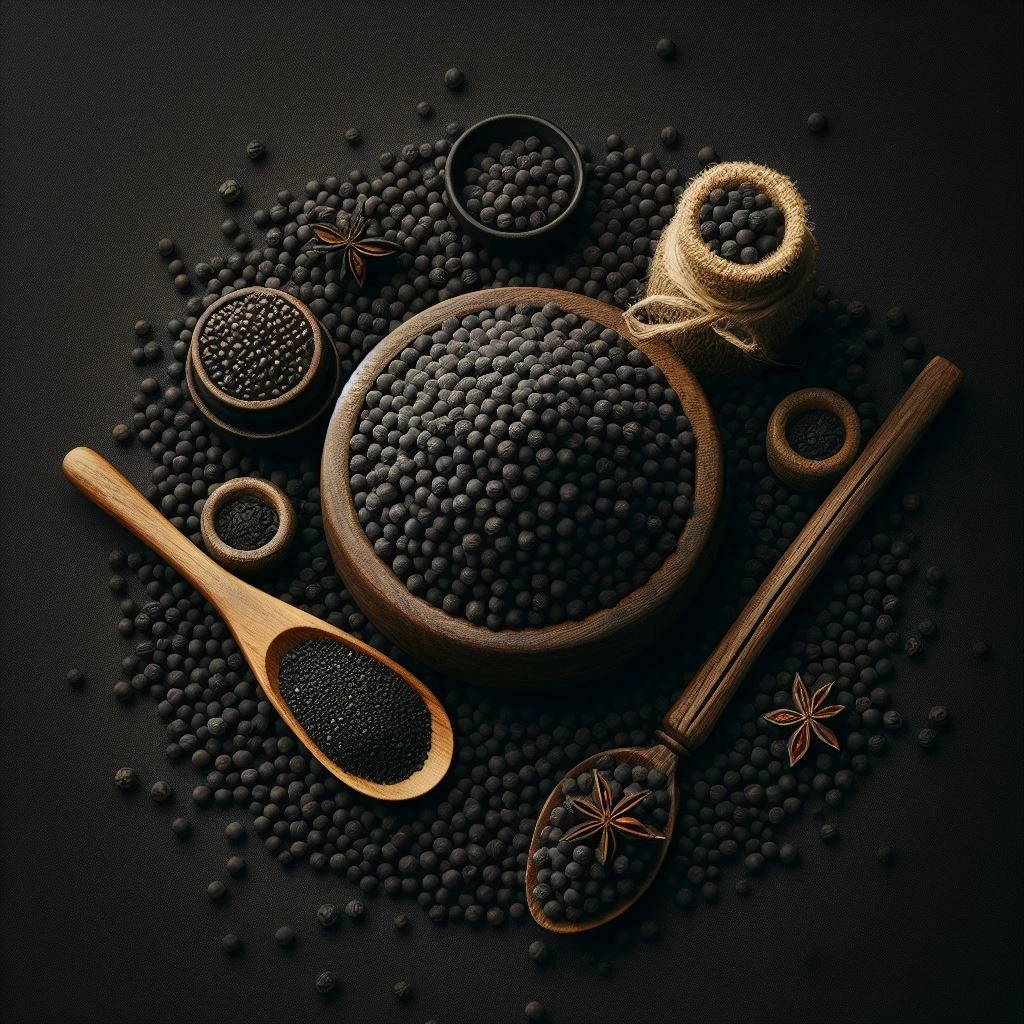 Black mustard seeds in a glass jar