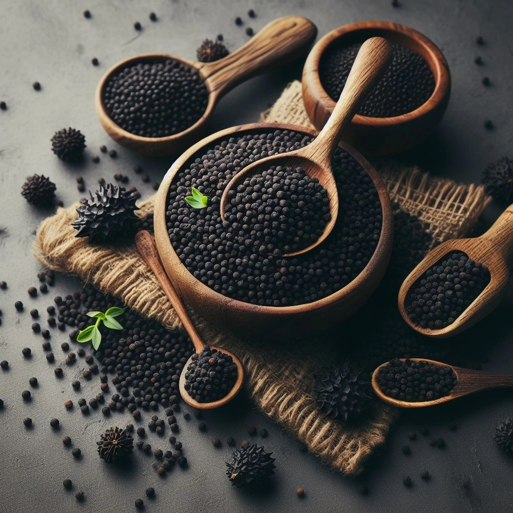 Black mustard seeds in a glass jar