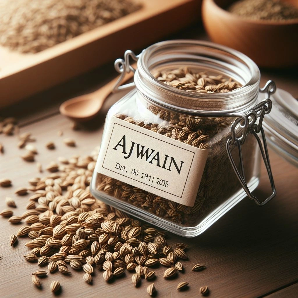 Ajwain seeds in a spice grinder