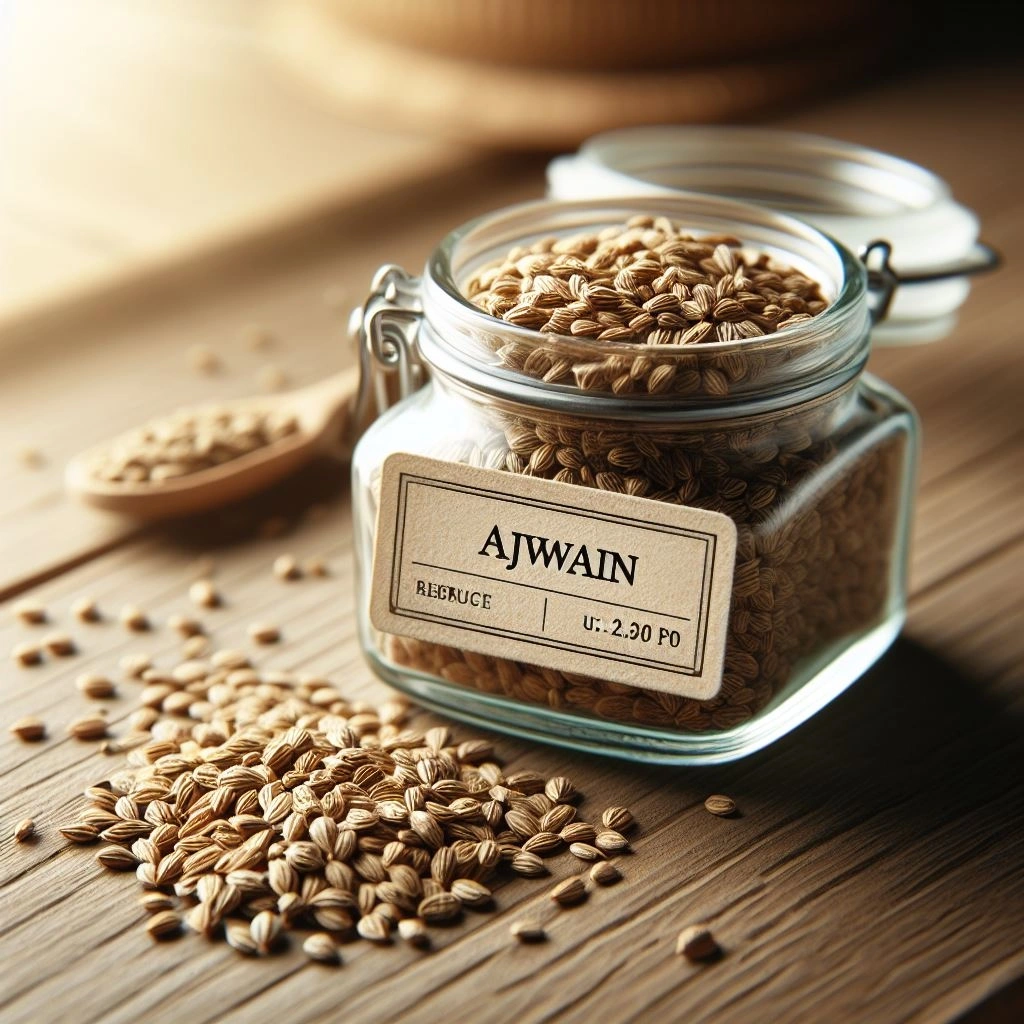 Ajwain seeds in a spice grinder