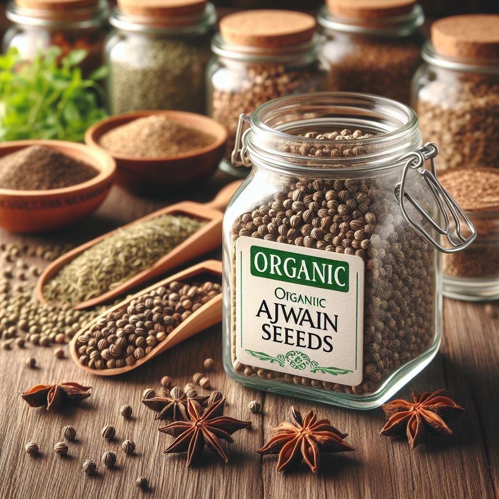 Ajwain seeds in a spice grinder