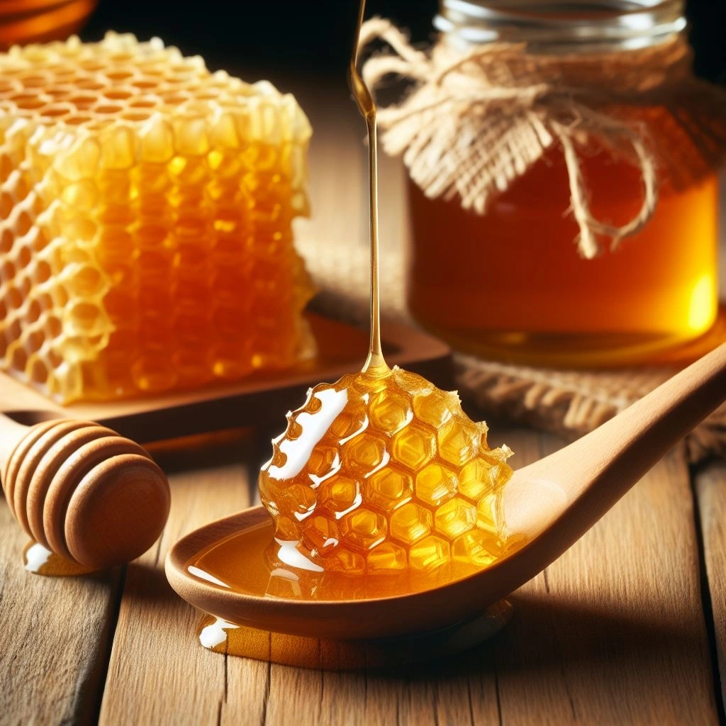 Wild honey dripping from a honeycomb