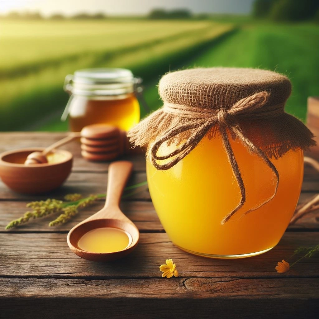 Homemade cow ghee in a glass jar