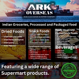 Indian Groceries, Processed and Packaged food : 1.	Dried Foods: 2.	Snack Foods 3.	Condiments and Sauces 4.	Beverages 5.	Ready Meals and Convenience Foods 6.	Packaged Grains and Legumes