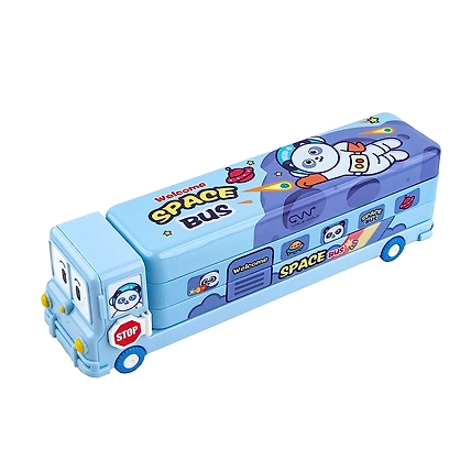 Denzcart Cartoon Printed School Bus Matal Pencil Box with Moving Tyres and Sharpner for Kids - Blue-B0CBJZGW94