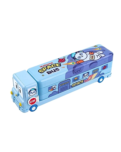 Denzcart Cartoon Printed School Bus Matal Pencil Box with Moving Tyres and Sharpner for Kids - Blue-B0CBJZGW94