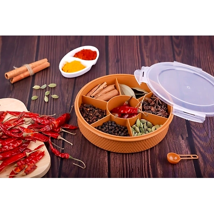 Denzcart Plastic 7 Section Round Masala Box For Kitchen |Multisection Plastic Masala Box Organiser, Dry Fruit Box, Chocolate Box, Multi Color, Air Tight, Leak Proof, BPA Free (Grey)-B0C6XQ72JC