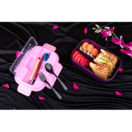 Leak Proof 3 Compartment Lunch Box with Pencil Box on Top Reusable Freezer Safe Food Containers with Spoon for Adults and Kids, PP Food Grade Plastic-1