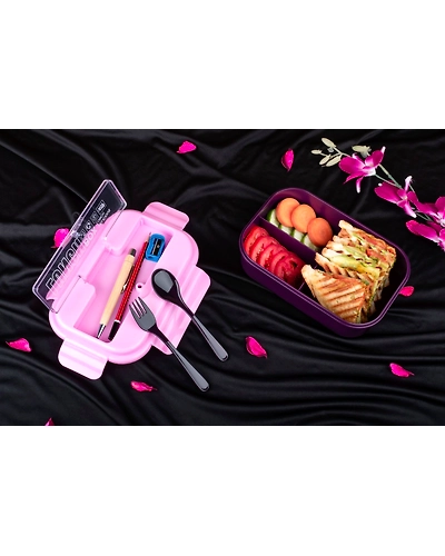 Leak Proof 3 Compartment Lunch Box with Pencil Box on Top Reusable Freezer Safe Food Containers with Spoon for Adults and Kids, PP Food Grade Plastic-1