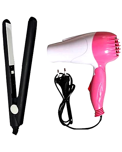 DC Hair Dryer With Fold Able Handle And Mini Hair Straightener Travel Friendly Pack Of 2-1