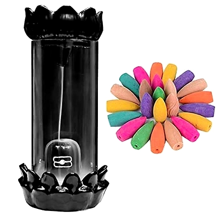MISS Peach Resin Shivling Smoke Fountain Incense Burner Showpiece with 10 Back Flow Incense Cones, Standard, Black (Resin)-1