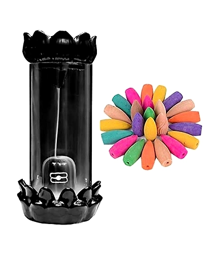 MISS Peach Resin Shivling Smoke Fountain Incense Burner Showpiece with 10 Back Flow Incense Cones, Standard, Black (Resin)-1