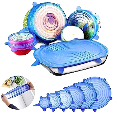 Dc Set of 6 Pcs Silicone Stretch Lids- Silicon Lids and Covers - Food Fresh Saver Cover, Freezable, Microwavable Cover Stretchable Covers for Bowls, Cups, Pots, 6-Pack of Various Sizes (Multicolour)-Silicon--Lead